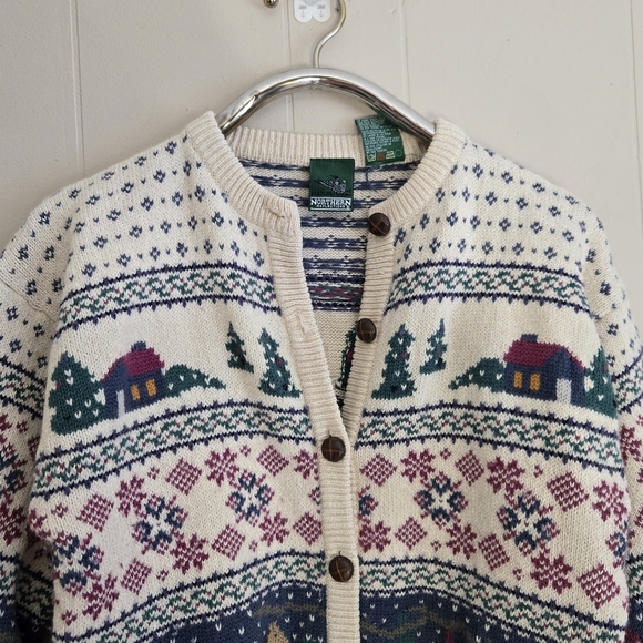Northern Reflections Vtg Cardigan Nordic Winter Scenes Snow Trees SleighsCozy M - Picture 2 of 14